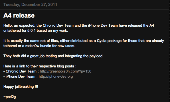 Le Jailbreak untethered iOS 5.0 pour processeur A4 disponible