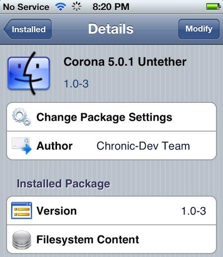 Corona 5.0.1 Untether se met à jour et passe en v1.0-3