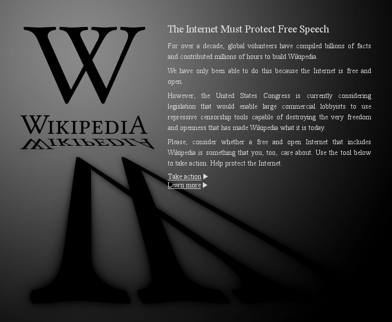 La Wikipédia en anglais proteste contre SOPA