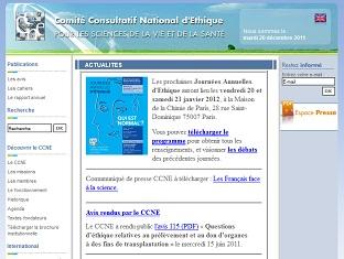 capture d'écran du site du CCNE