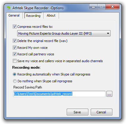 Athtek Skype Recorder -Options