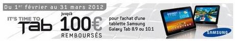 Offre de remboursement de 100 € pour tout achat d’une tablette Samsung Galaxy Tab 8.9 ou 10.1