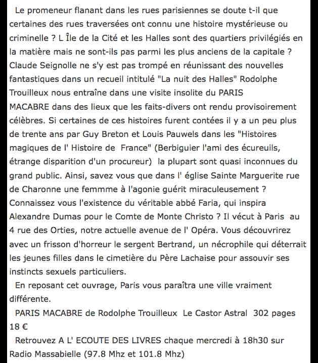 Paris macabre dans « A l’écoute des livres »…