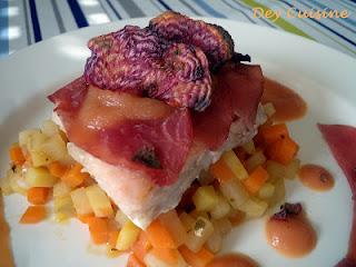 Cabillaud, écailles & chips de betterave, crème de légumes