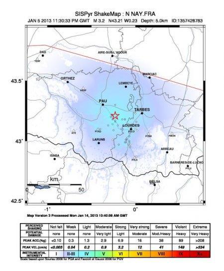 ShakeMap du séisme pyrénéen du 6 janvier 2013