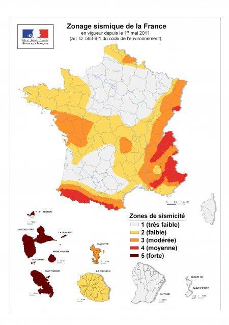 Carte du zonage sismique réglementaire Zonage sismique de la France (entrée en vigueur le 1er mai 2011)