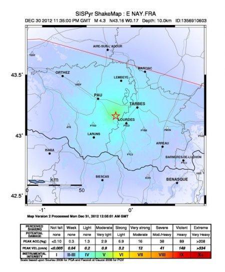 ShakeMap du séisme pyrénéen du 31 décembre 2012