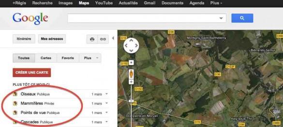 capture écran google maps mes adresses 585x262 Tutoriel : comment utiliser Google Maps en photo animalière