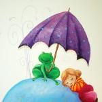 grenouille qui tient un parapluiepour abriter l'enfant qui dort