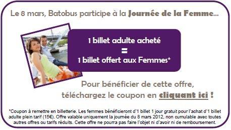 Spécial journée de la femme: 1 billet Batobus offert.
