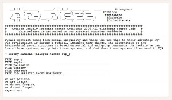 Message anonymous 600x349 Les Anonymous libèrent le code source de Norton Antivirus