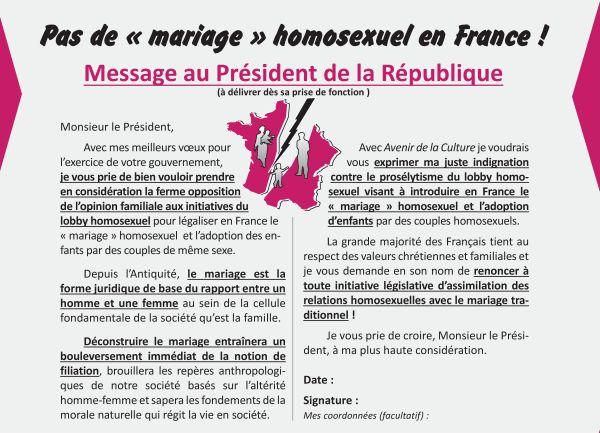 Message aux prochains Président et Premier ministre : pas de « mariage » homosexuel en France !
