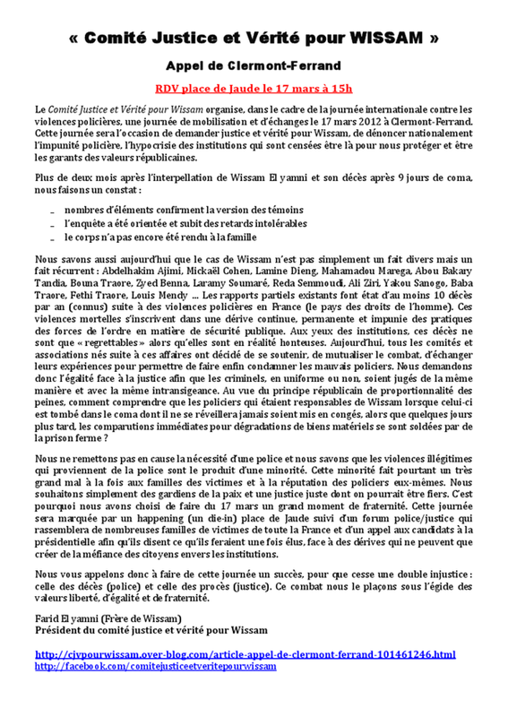 Clermont-Ferrand: justice et vérité pour Wisssam, journée du 17 mars