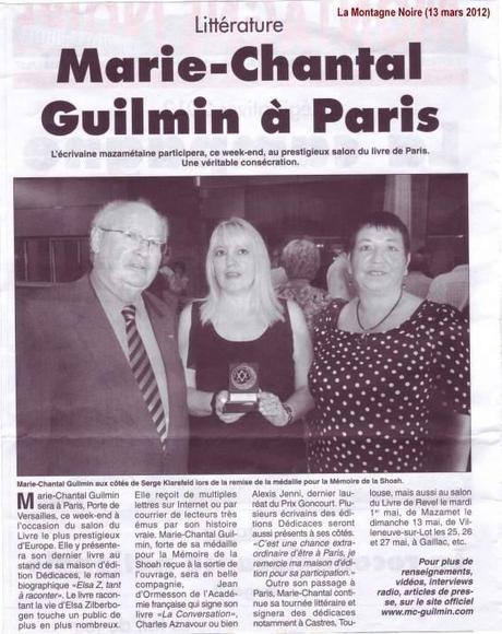 Marie-ChantalGuilmin_LaMontagneNoire_2012-03-13_LOW L’écrivaine Marie-Chantal Guilmin obtient un article dans le quotidien “La Montagne Noire”, en France