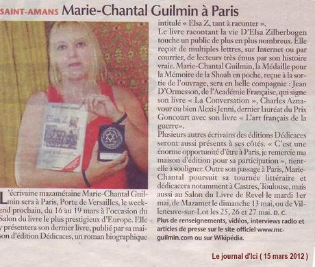 L’écrivaine Marie-Chantal Guilmin obtient un article dans l’hebdomadaire “Le journal d’Ici”, en France