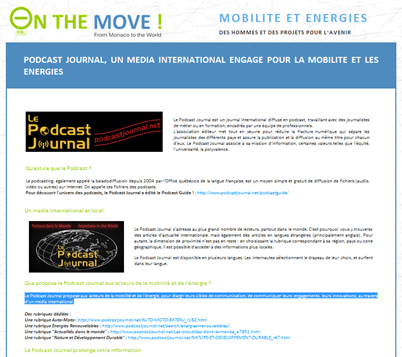 Le Podcast Journal, un journal international online, qui promeut la mobilité et l’énergie