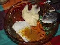 Entrecôte soja/moutarde et salade pommes/champignons sauce curry