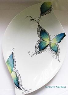 Plat en porcelaine Papillon bleu et dentelle noire 