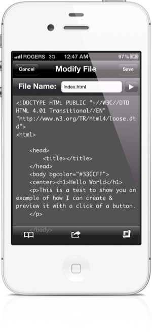 HTML Editor crée votre site web sur votre iPhone