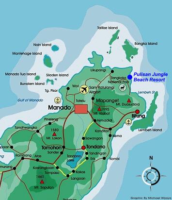 Carte de la pointe nord de Sulawesi (Indonésie)