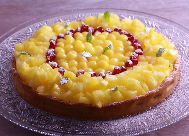 Tarte légère au fromage blanc et aux fruits exotiques avec une  pâte façon spéculoos