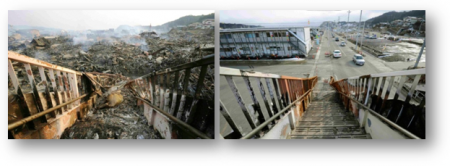 Exemple d'une zone dévastée par le tsunami dans la ville de Kesennuma (préfecture de Miyagi) : à gauche photographie prise le 13 mars 2011, et à droite cliché daté du 1er mars 2012