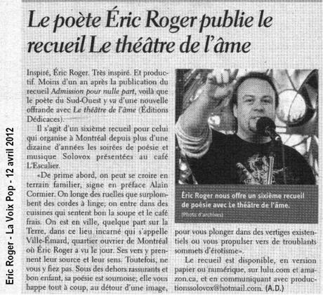 Le poète Éric Roger obtient un article dans La Voix Pop (Québec)