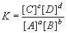 Figure indiquant la constante d'équilibre K  = ([C]^c[D]^d)/([A]^a[B]^b)