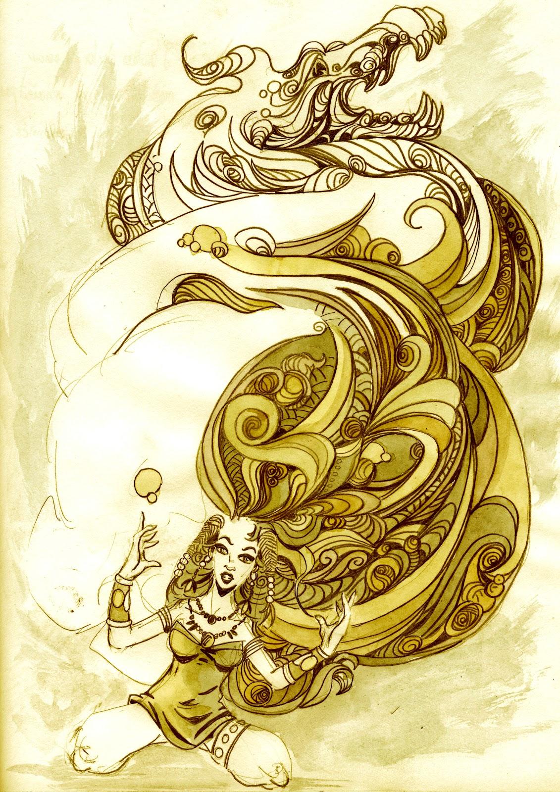  femme dragon illustration au crayon et aquarelle et teinte photoshop