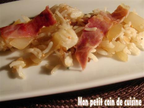 Riz basmati, oignons fondus et jambon grillé