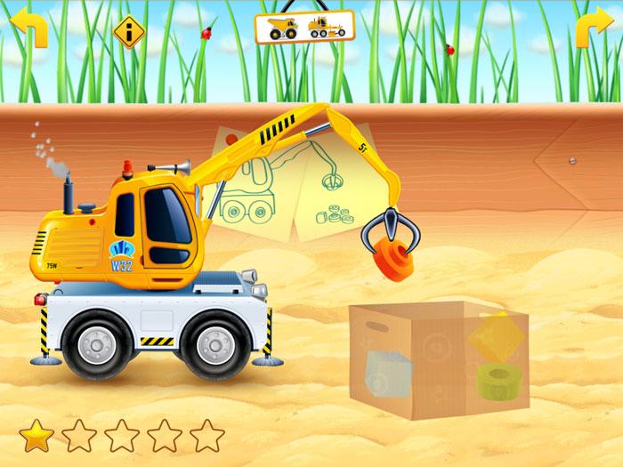 Jouez aux tracteurs dans le bac à sable sur la tablette, par Thematica
