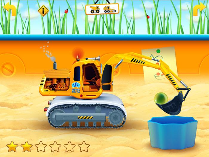 Jouez aux tracteurs dans le bac à sable sur la tablette, par Thematica