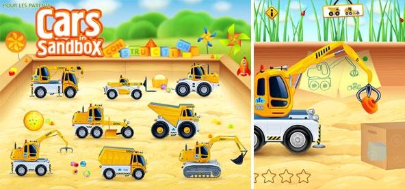 Jouez aux tracteurs dans un bac à sable sur la tablette, par Thematica