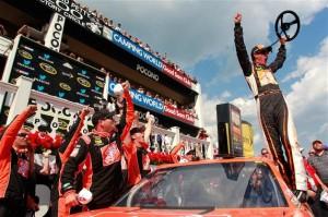 2012 Pocono June Sprint Cup Joey Logano Celebrates In Victory Lane 300x199 NASCAR Sprint Cup alt=
