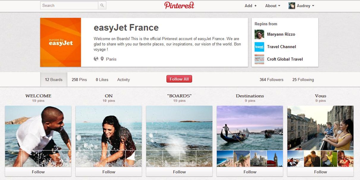 Easy jet et sa visibilité sur Pinterest