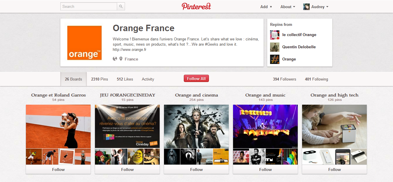 Orange France et sa visibilité sur Pinterest