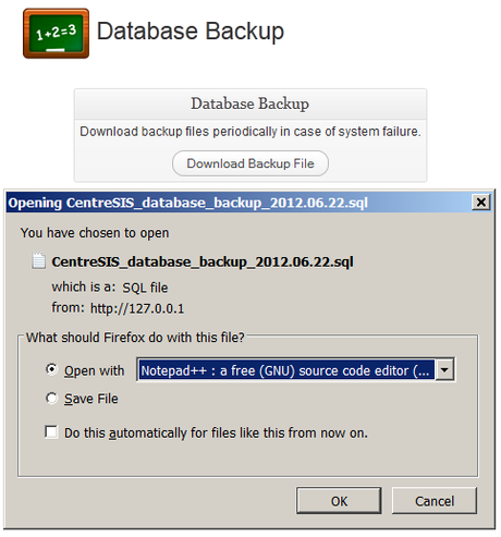 Sauvegarde Base de donnees Centre SIS