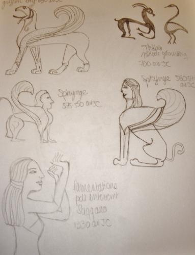 louvre, grèce, égypte, crète, antique, détails, croquis