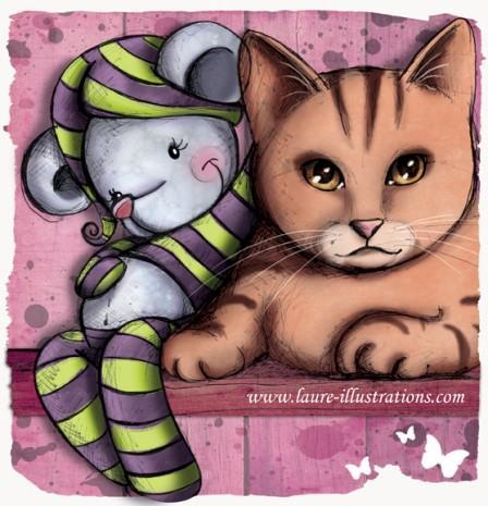illustration de chat et doudou souris