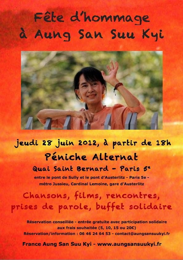 Grande fête d'hommage à Aung San Suu Kyi, jeudi 28 juin, à partir de 18 heures, Péniche Alternat et quai Saint-Bernard! Réservez vite et faites circuler!