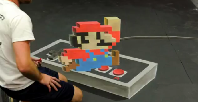 Super Mario en 3D dessiné à même le sol