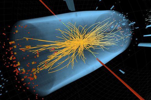 Simulation d'une collision dans le LHC avec apparition d'un boson se désintégrant en deux photons (lignes rouges). (crédits: CMS)