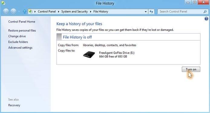 Nouvelle fonctionnalité « Historique des fichiers » dans Windows 8