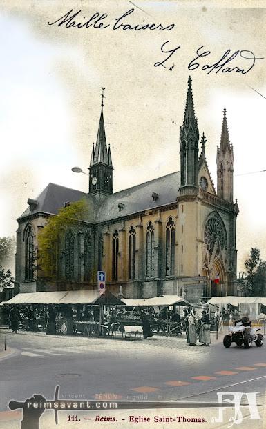 L'église saint #Thomas, avenue de #Laon. Un jour de marché avant guerre.