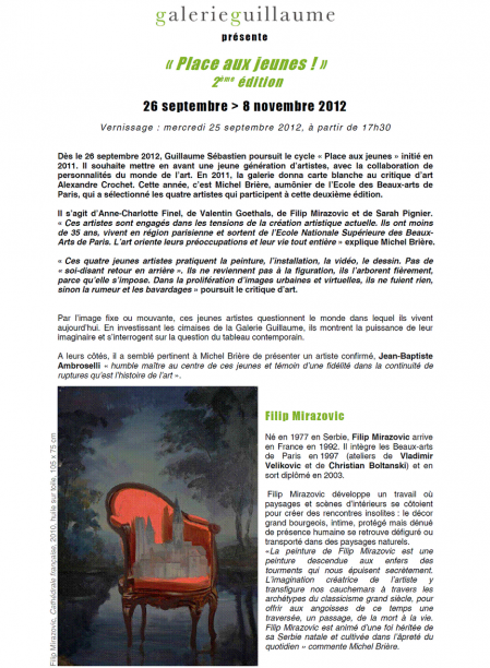 Galerie GUILLAUME  prochainement “place aux jeunes” le 26 Septembre 2012