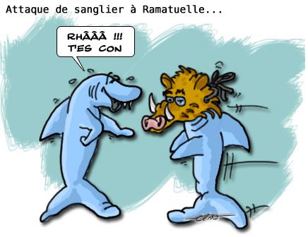 Céno Dessinateur - La Babole : après les attaques de requins à la Réunion, les attaques de sangliers à Ramatuelle
