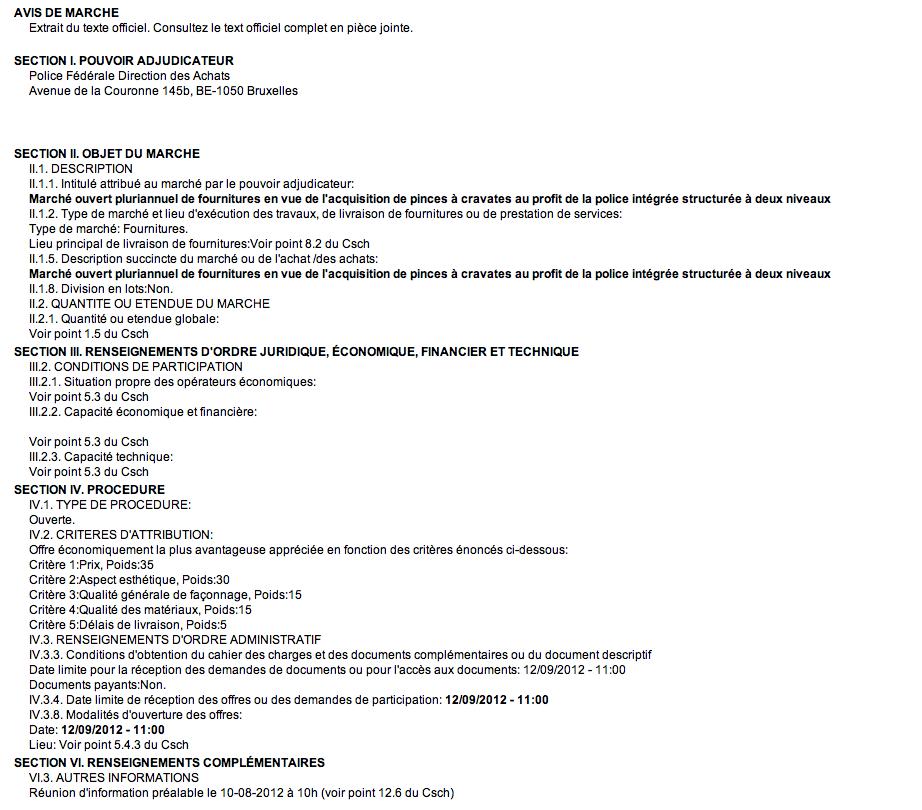 Appel d'offre Police Fédérale de Bruxelles