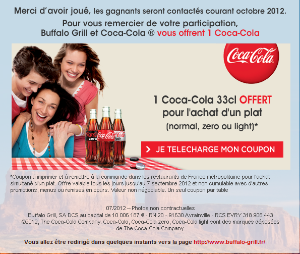 Grand jeu Buffalo Grill: 1 Coca- Cola offert pour toute participation