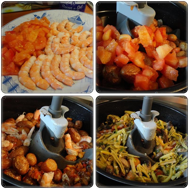 Pommes de terre, ail en chemise, tomates et crevettes