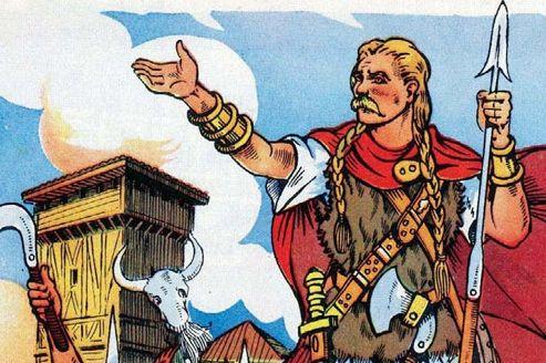 «Clovis est proclamé roi des Francs». Illustration du manuel scolaire de Bernard et Redon. <i alt=